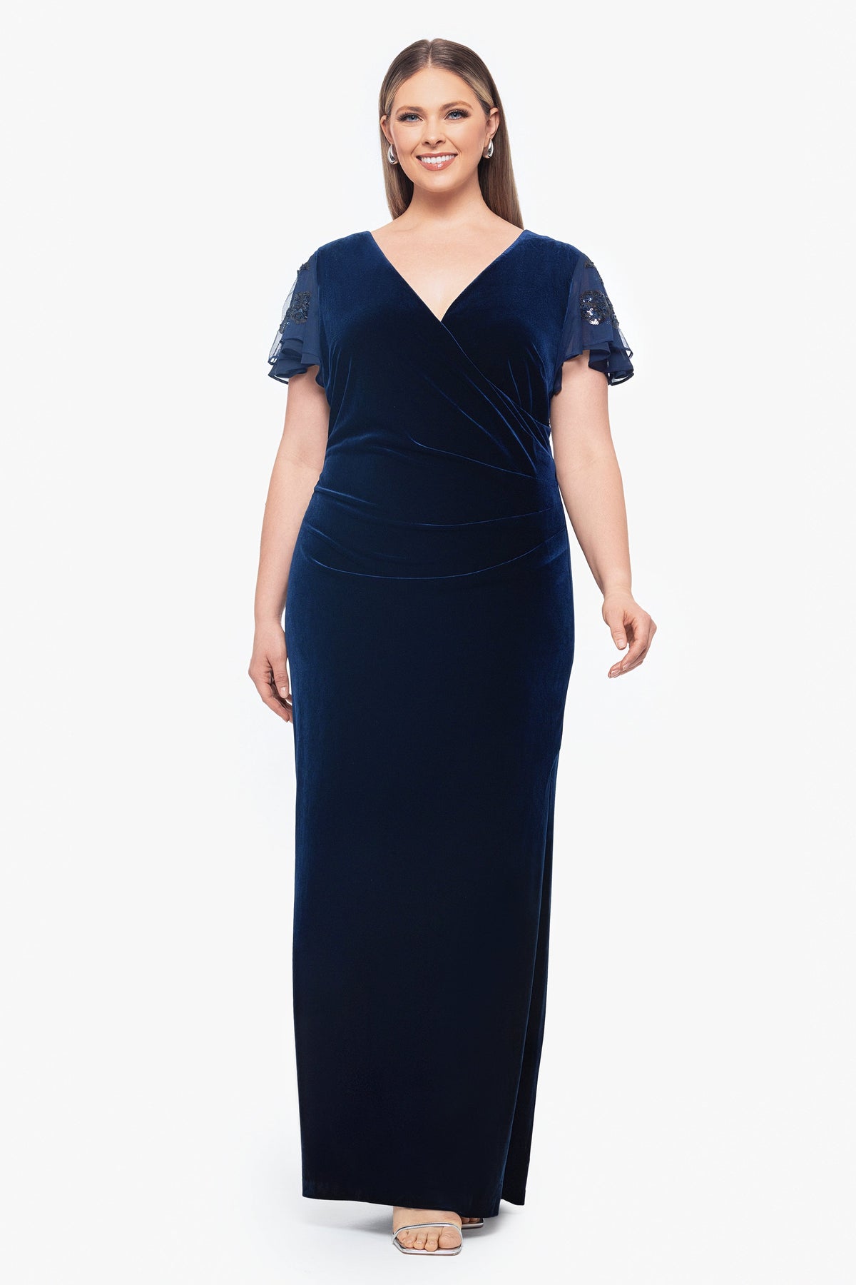 Betsy & Adam Plus "Carolina" Velvet V-Neck Sequin Sleeve Dress - Navy