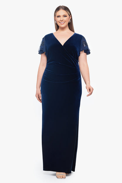 Betsy & Adam Plus "Carolina" Velvet V-Neck Sequin Sleeve Dress - Navy