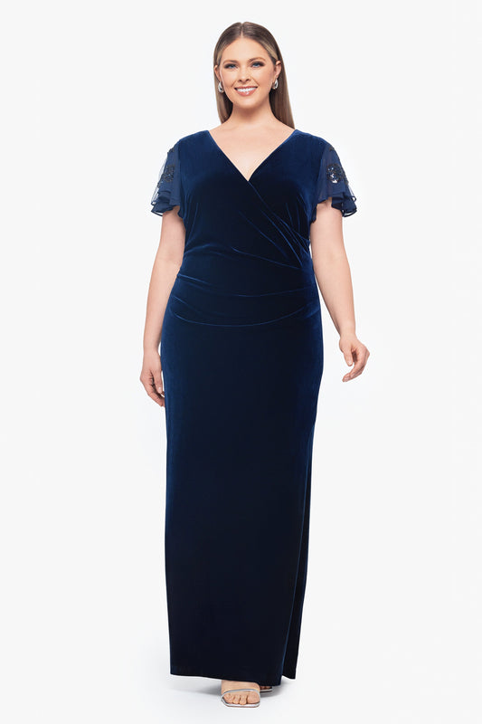 Betsy & Adam Plus "Carolina" Velvet V-Neck Sequin Sleeve Dress - Navy