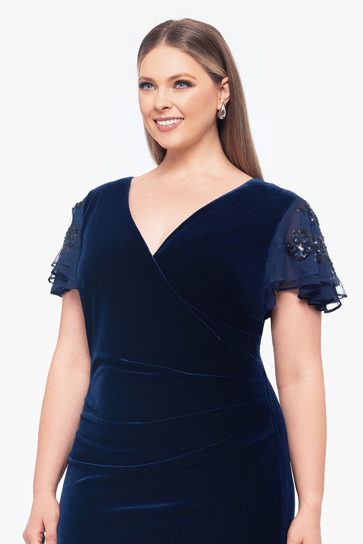 Betsy & Adam Plus "Carolina" Velvet V-Neck Sequin Sleeve Dress - Navy