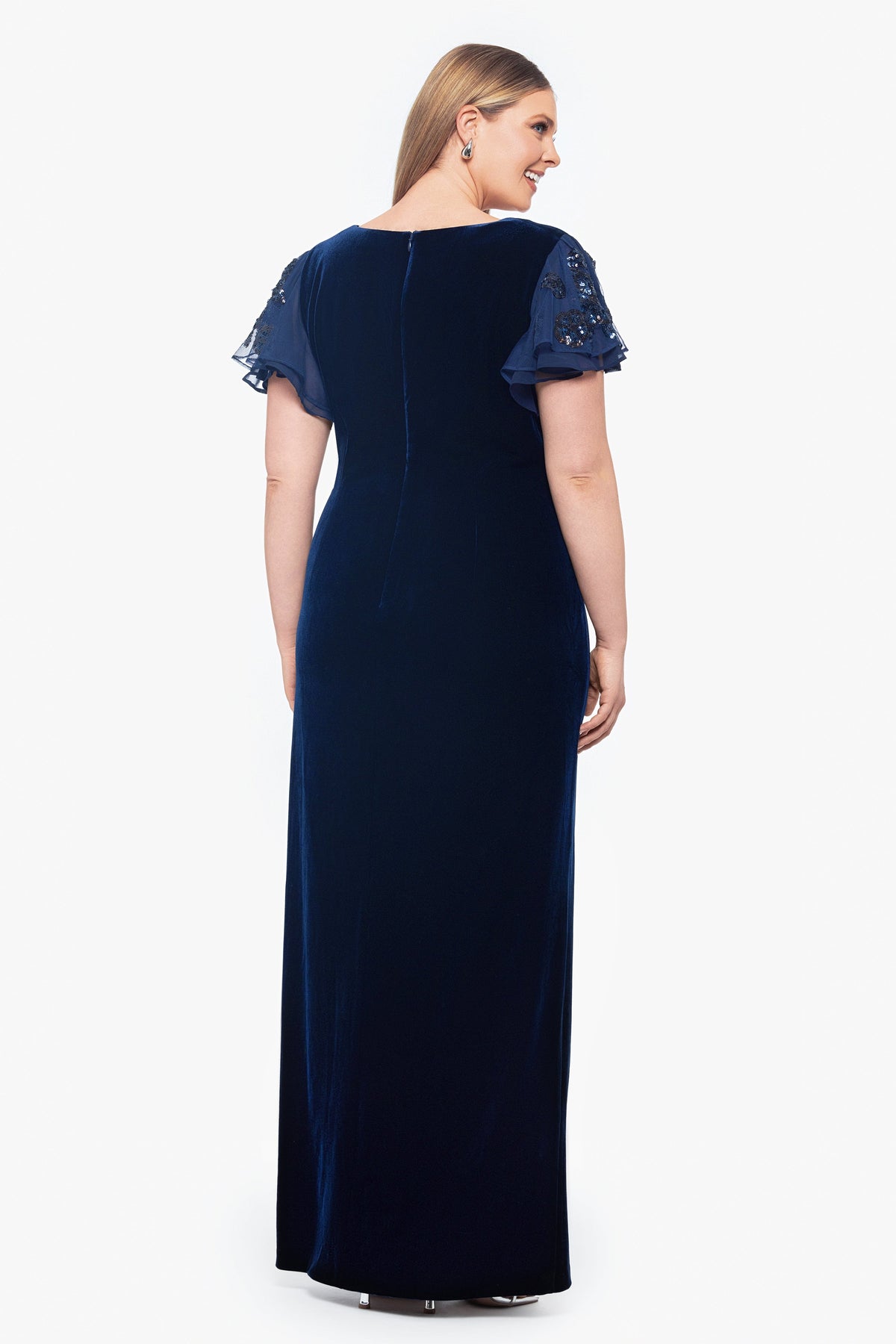 Betsy & Adam Plus "Carolina" Velvet V-Neck Sequin Sleeve Dress - Navy