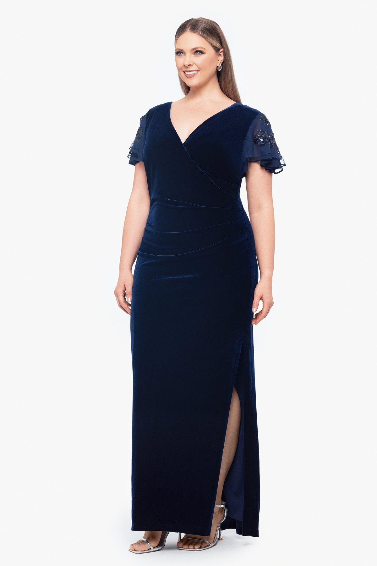 Betsy & Adam Plus "Carolina" Velvet V-Neck Sequin Sleeve Dress - Navy