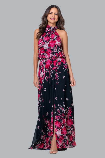 Betsy & Adam "Felicity" Chiffon Floral Print Dress - Navy/Fuchsia