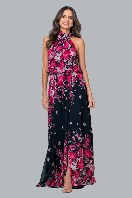 Betsy & Adam "Felicity" Chiffon Floral Print Dress - Navy/Fuchsia