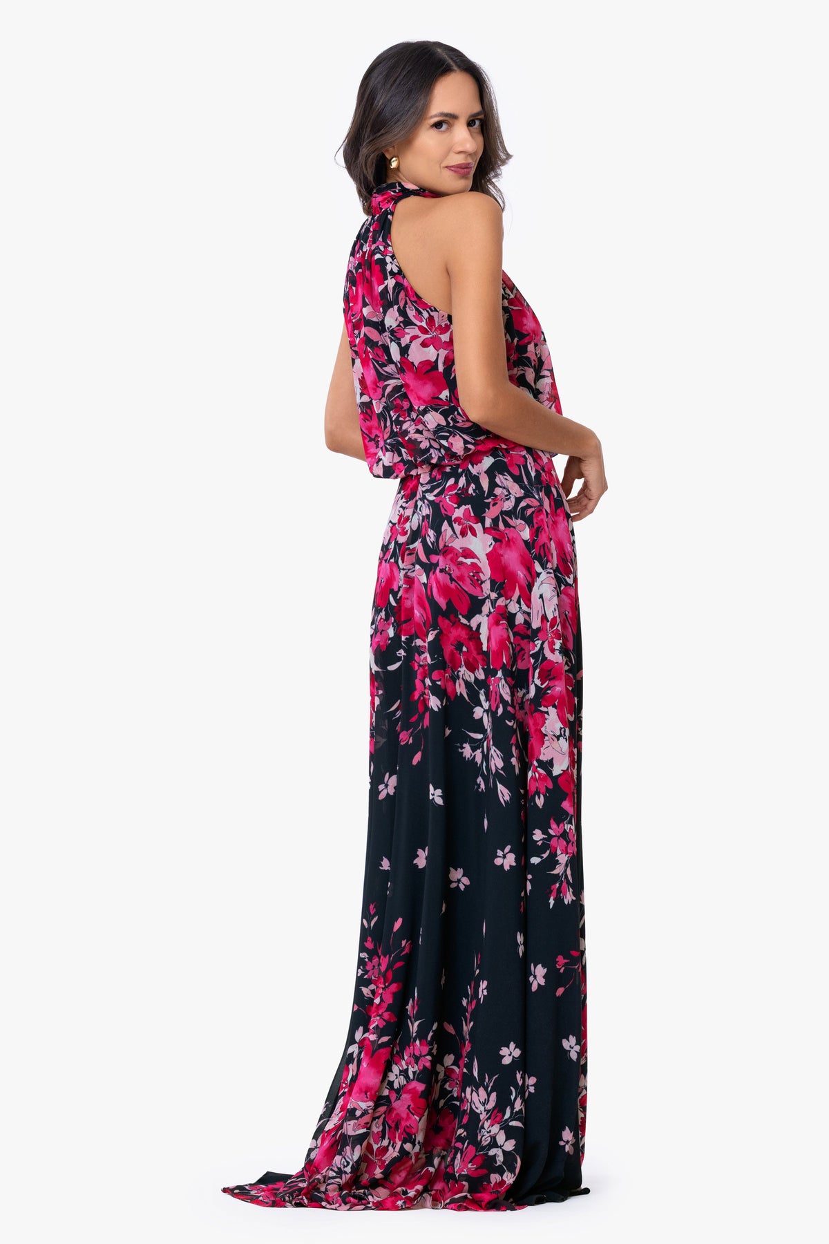 Betsy & Adam "Felicity" Chiffon Floral Print Dress - Navy/Fuchsia