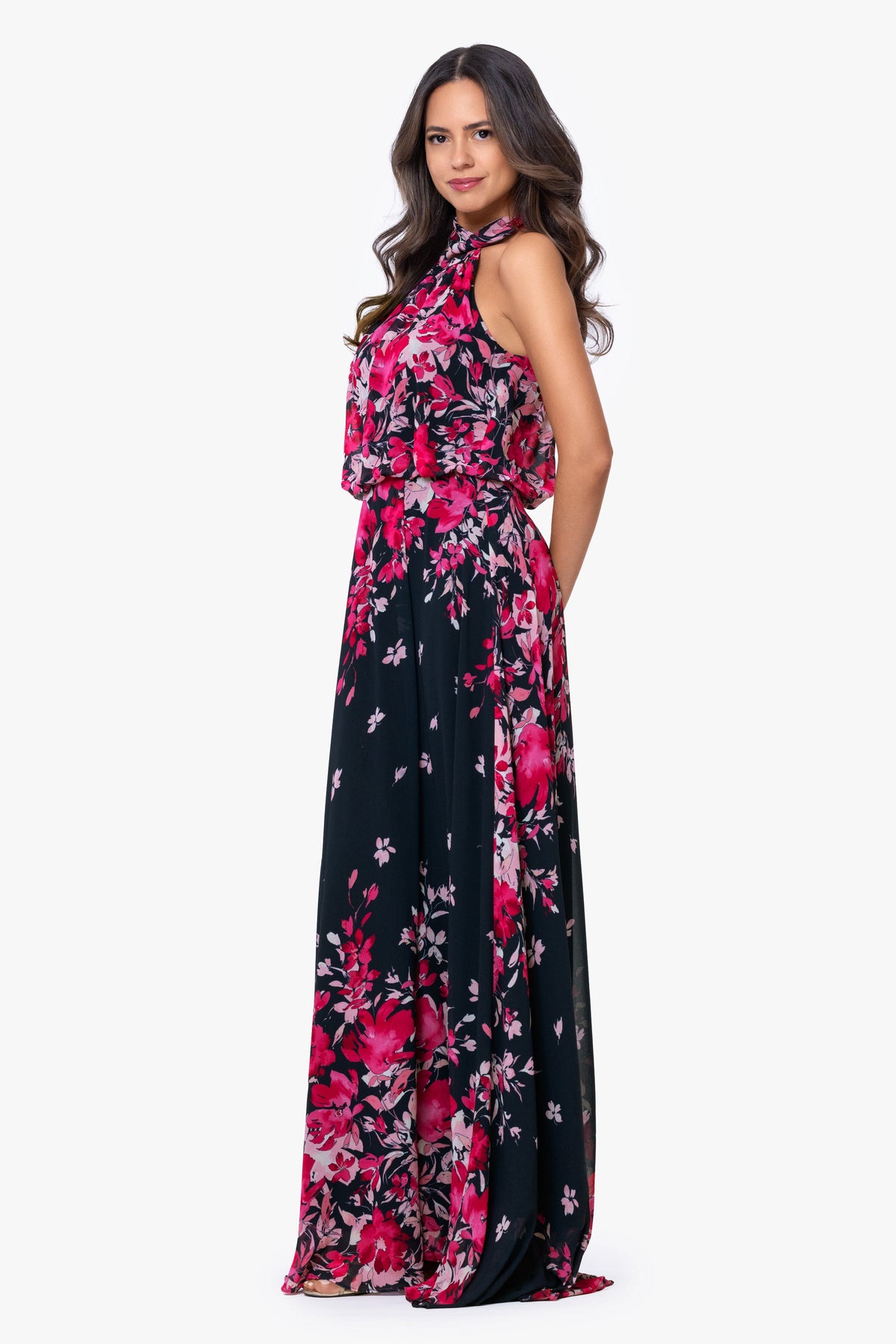 Betsy & Adam "Felicity" Chiffon Floral Print Dress - Navy/Fuchsia