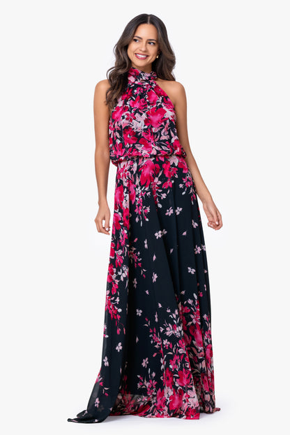 Betsy & Adam "Felicity" Chiffon Floral Print Dress - Navy/Fuchsia