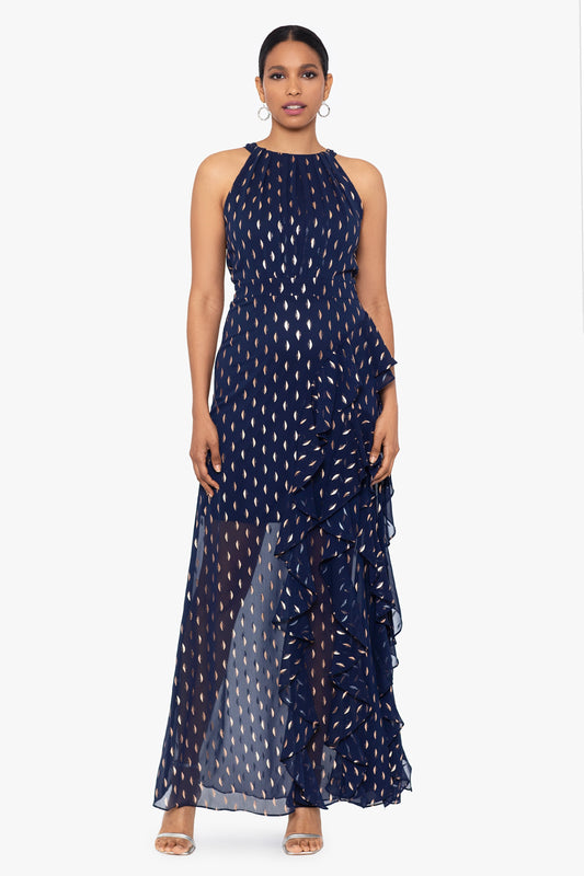 Betsy & Adam "Karina" Chiffon Foil Ruffle Tie Neck Dress - Navy/Copper