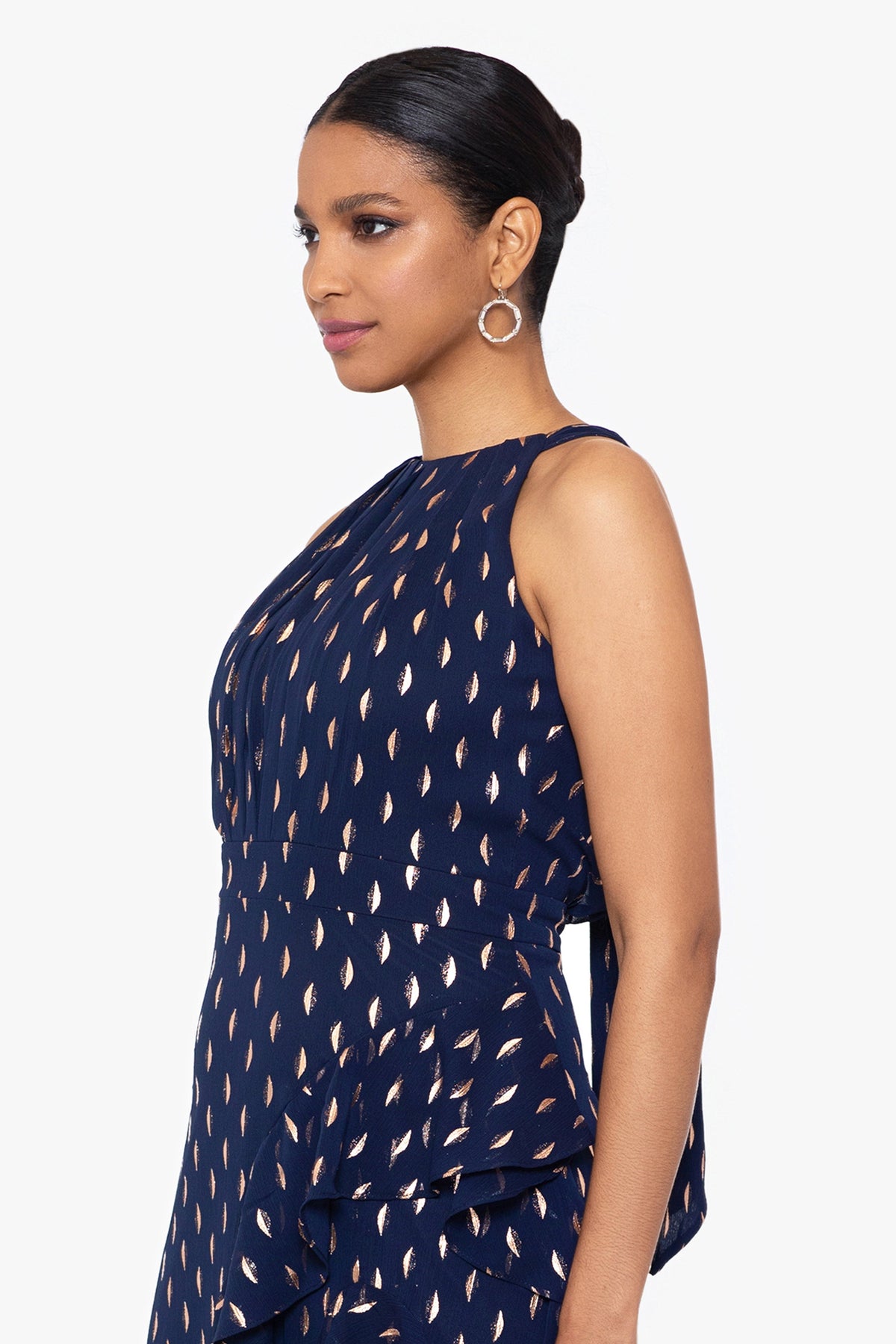 Betsy & Adam "Karina" Chiffon Foil Ruffle Tie Neck Dress - Navy/Copper