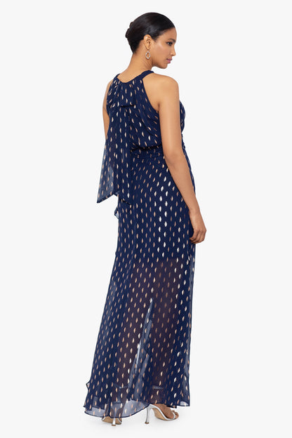 Betsy & Adam "Karina" Chiffon Foil Ruffle Tie Neck Dress - Navy/Copper