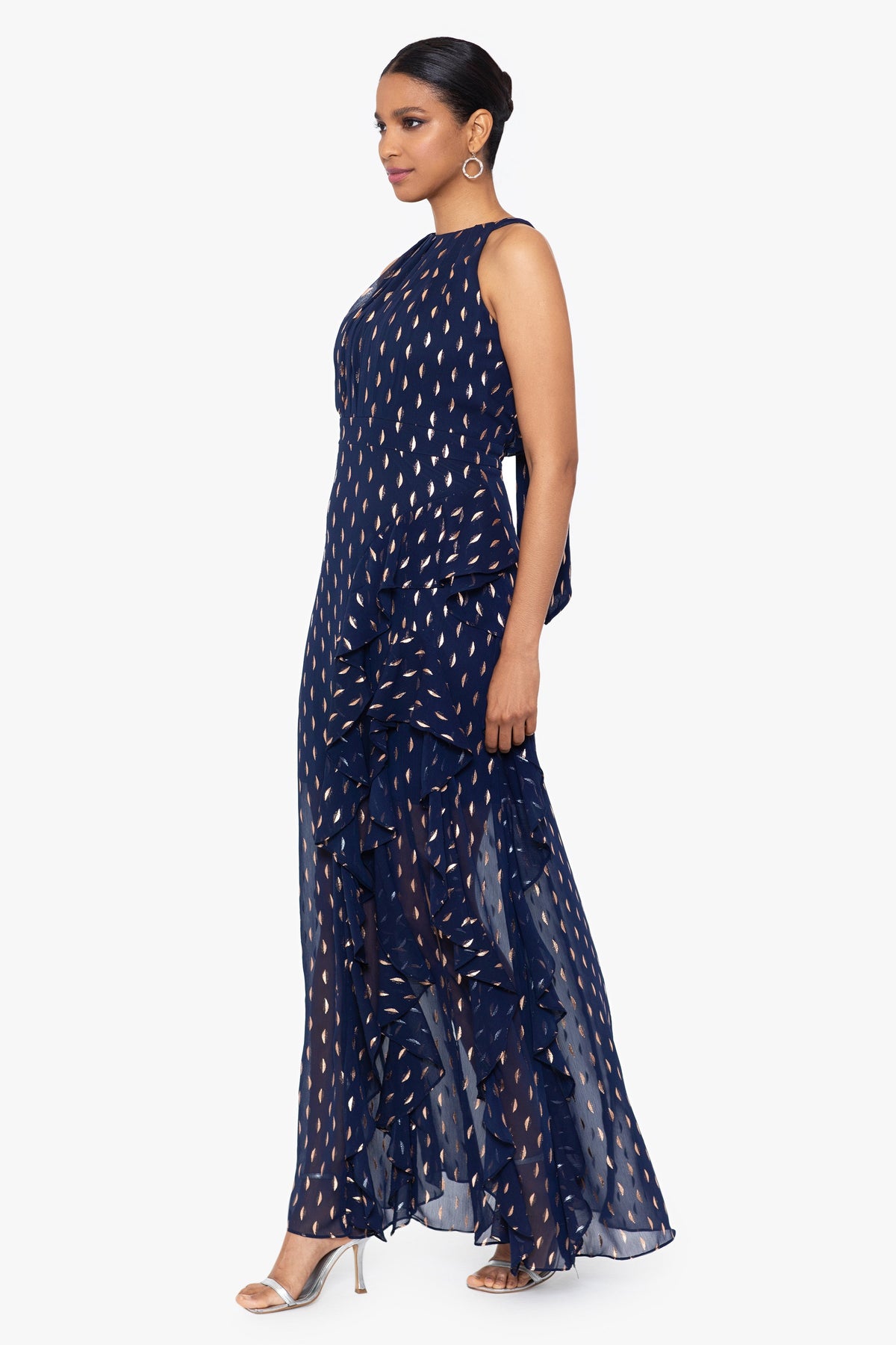 Betsy & Adam "Karina" Chiffon Foil Ruffle Tie Neck Dress - Navy/Copper