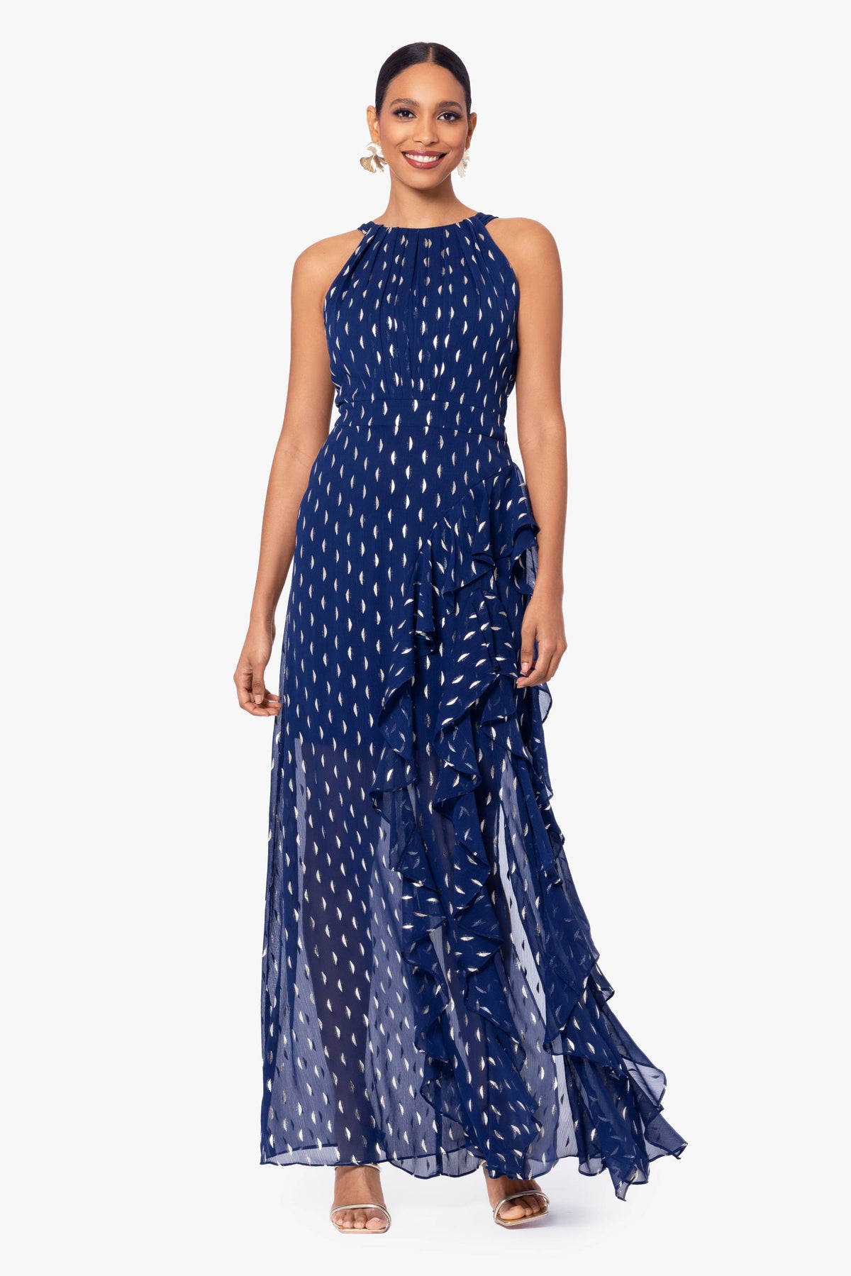 Betsy & Adam "Karina" Chiffon Foil Ruffle Tie Neck Dress - Navy/Copper