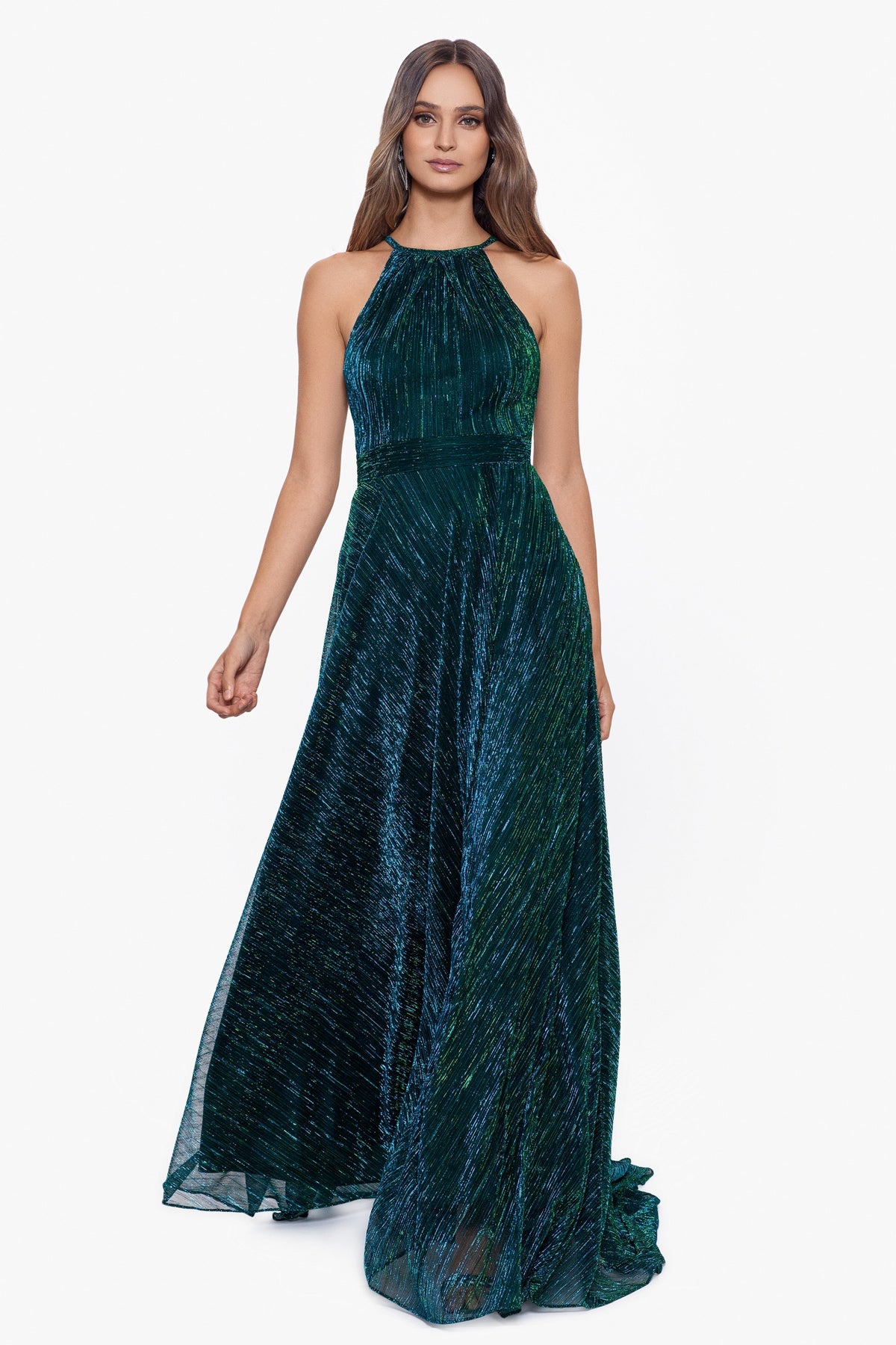 Betsy & Adam "Mila" Metallic Halter Dress - Jade
