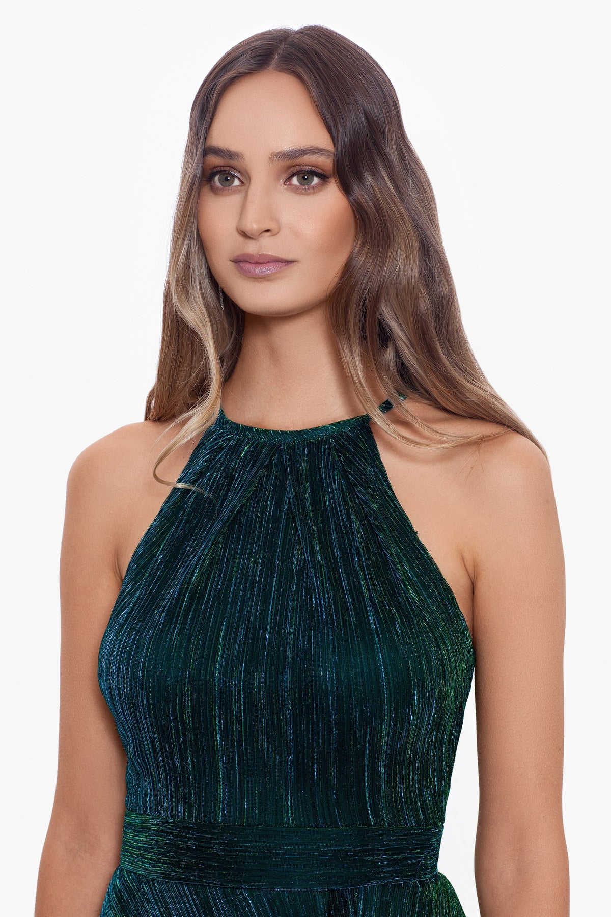 Betsy & Adam "Mila" Metallic Halter Dress - Jade