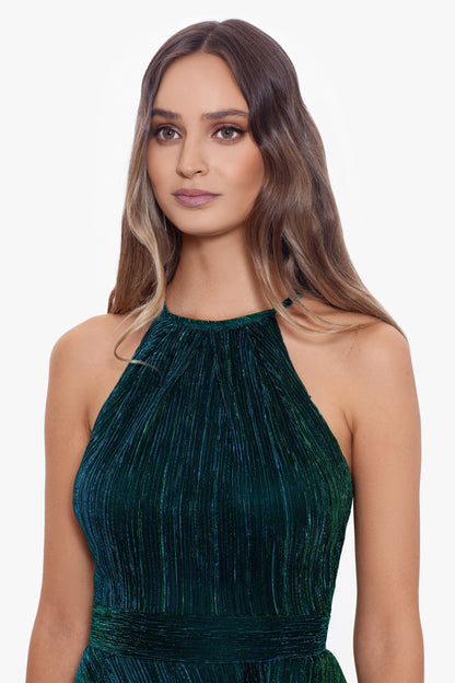 Betsy & Adam "Mila" Metallic Halter Dress - Jade