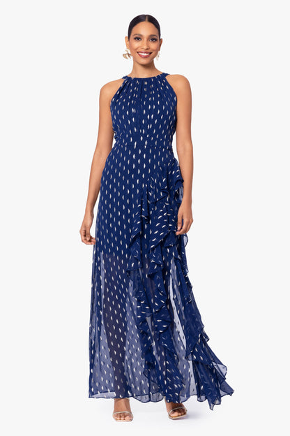 Betsy & Adam "Karina" Chiffon Foil Ruffle Tie Neck Dress - Light Navy/Gold