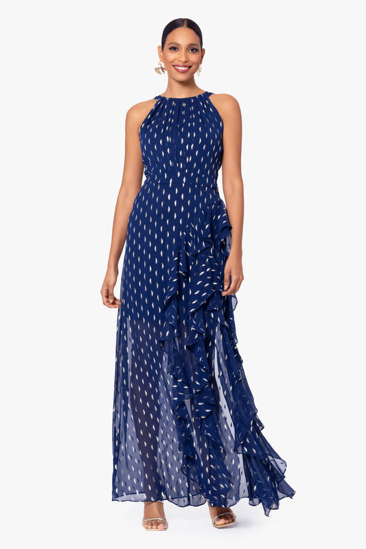 Betsy & Adam "Karina" Chiffon Foil Ruffle Tie Neck Dress - Light Navy/Gold
