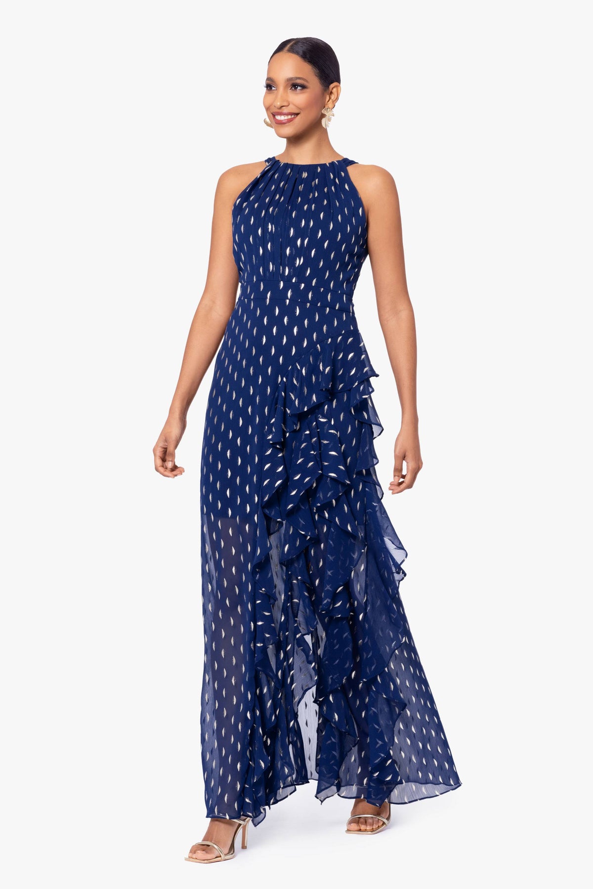 Betsy & Adam "Karina" Chiffon Foil Ruffle Tie Neck Dress - Light Navy/Gold