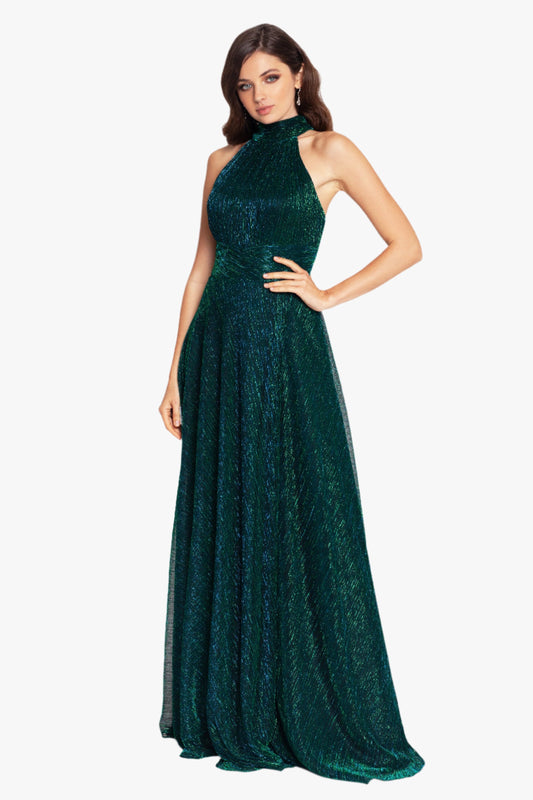 Betsy & Adam "Peyton" Metallic Knit Halter Top Dress - Jade