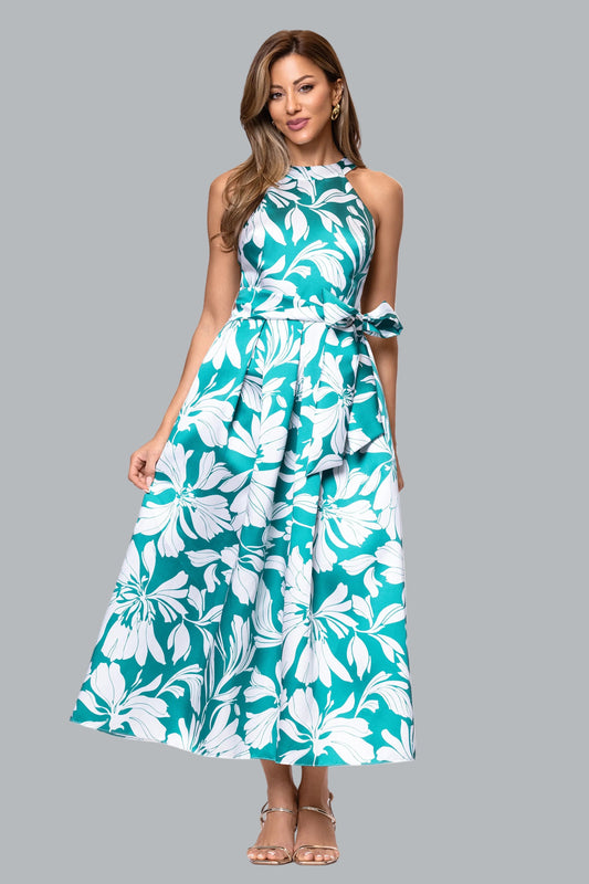 Betsy & Adam "Natalia" Mikado Print Bow Waist Midi Dress - Aqua/White
