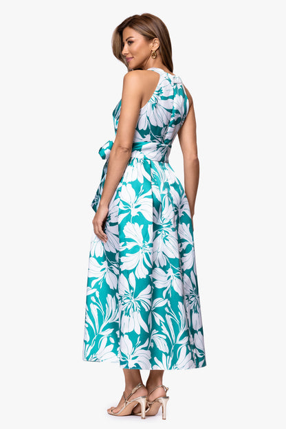 Betsy & Adam "Natalia" Mikado Print Bow Waist Midi Dress - Aqua/White