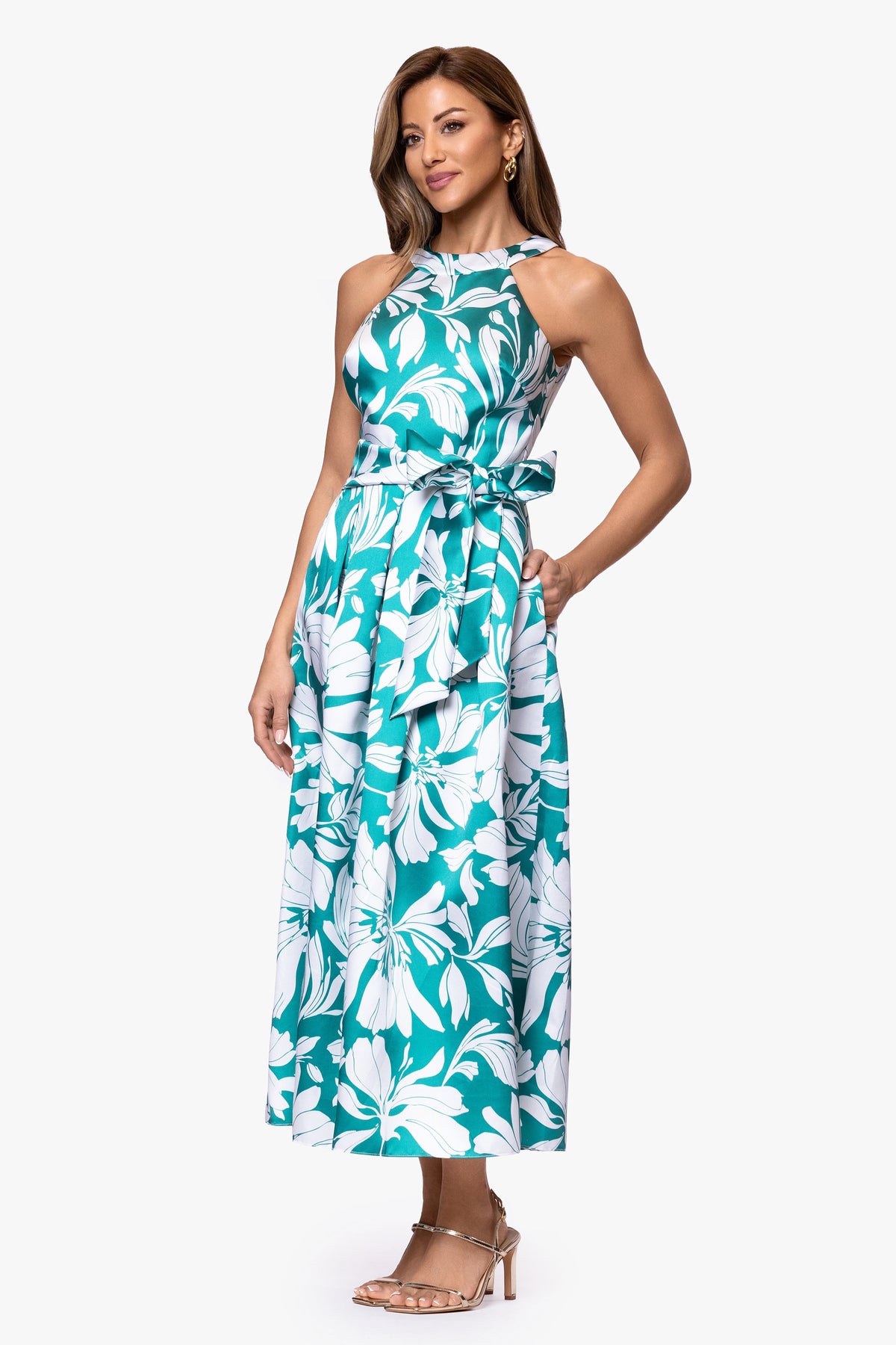 Betsy & Adam "Natalia" Mikado Print Bow Waist Midi Dress - Aqua/White