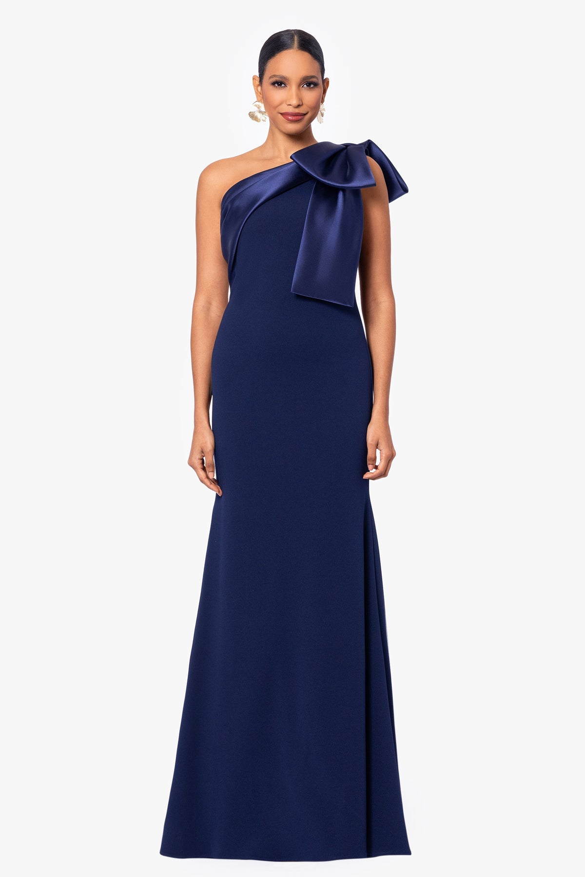 Betsy & Adam "Carmela" Scuba Crepe With Satin Bow Dress - Navy
