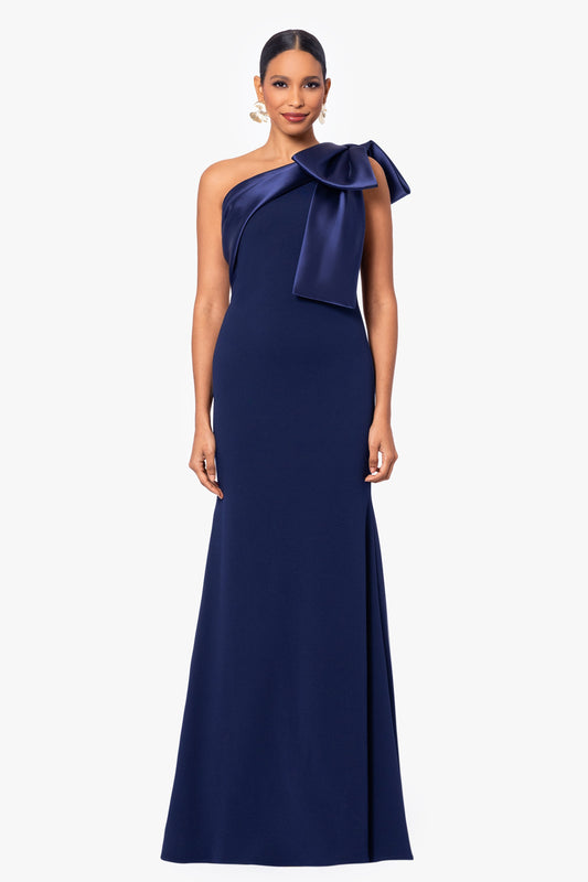 Betsy & Adam "Carmela" Scuba Crepe With Satin Bow Dress - Navy