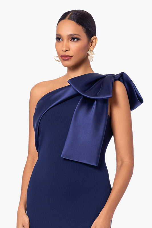 Betsy & Adam "Carmela" Scuba Crepe With Satin Bow Dress - Navy