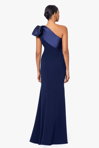 Betsy & Adam "Carmela" Scuba Crepe With Satin Bow Dress - Navy