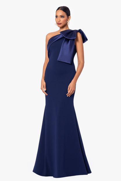 Betsy & Adam "Carmela" Scuba Crepe With Satin Bow Dress - Navy