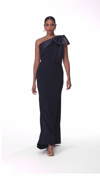 Betsy & Adam "Carmela" Scuba Crepe With Satin Bow Dress - Navy