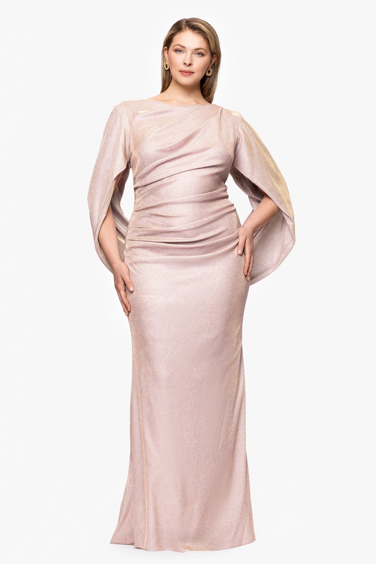 Betsy & Adam Plus "Gracie" Metallic Knit Glitter Draped Dress - White/Pink/Gold