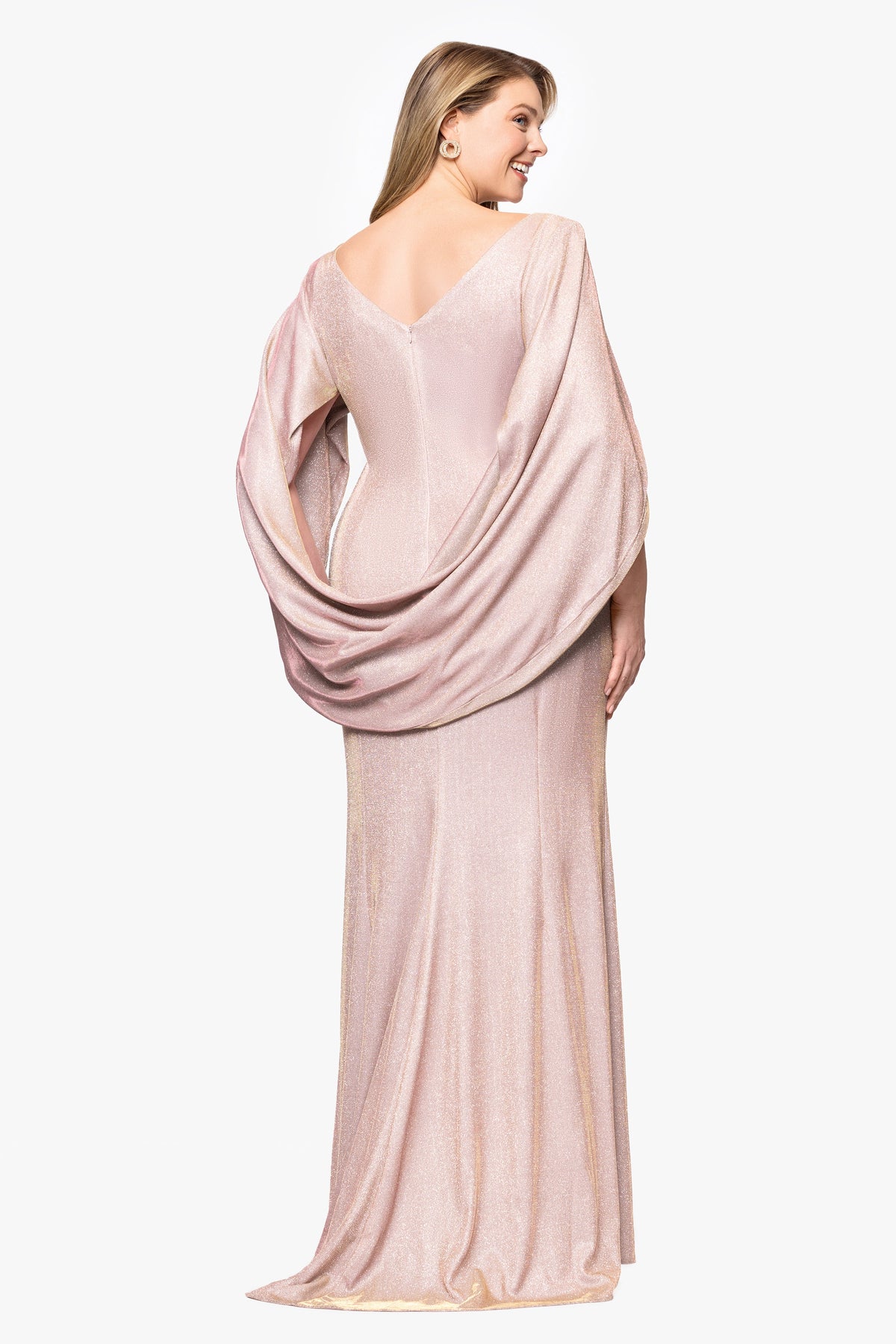 Betsy & Adam Plus "Gracie" Metallic Knit Glitter Draped Dress - White/Pink/Gold