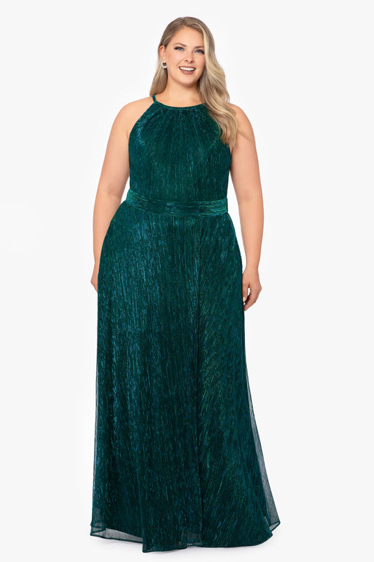 Betsy & Adam Plus "Mila" Metallic Halter Dress - Jade