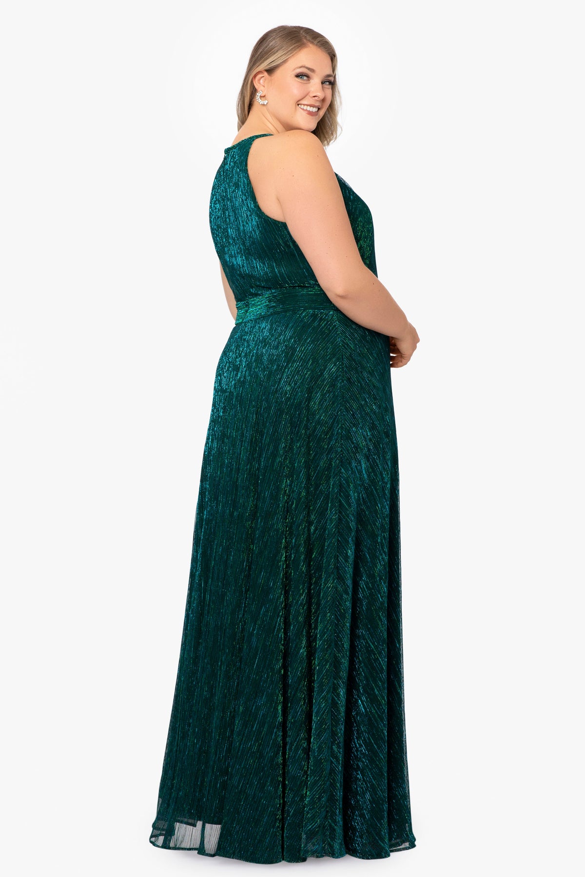 Betsy & Adam Plus "Mila" Metallic Halter Dress - Jade