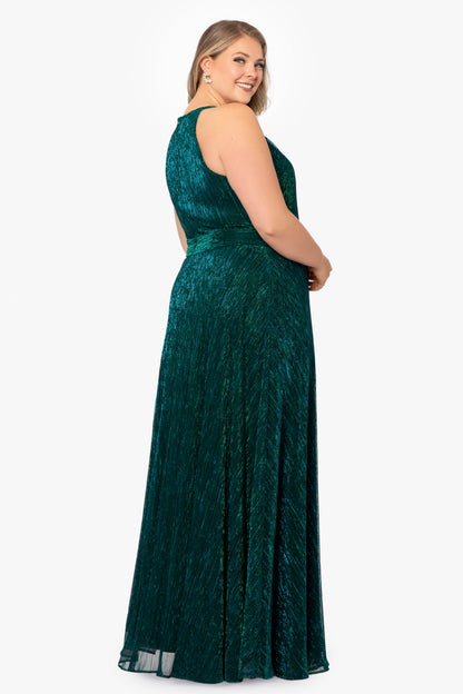 Betsy & Adam Plus "Mila" Metallic Halter Dress - Jade