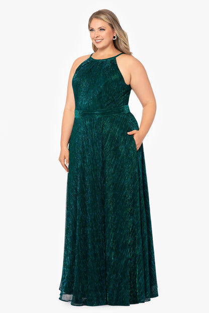 Betsy & Adam Plus "Mila" Metallic Halter Dress - Jade