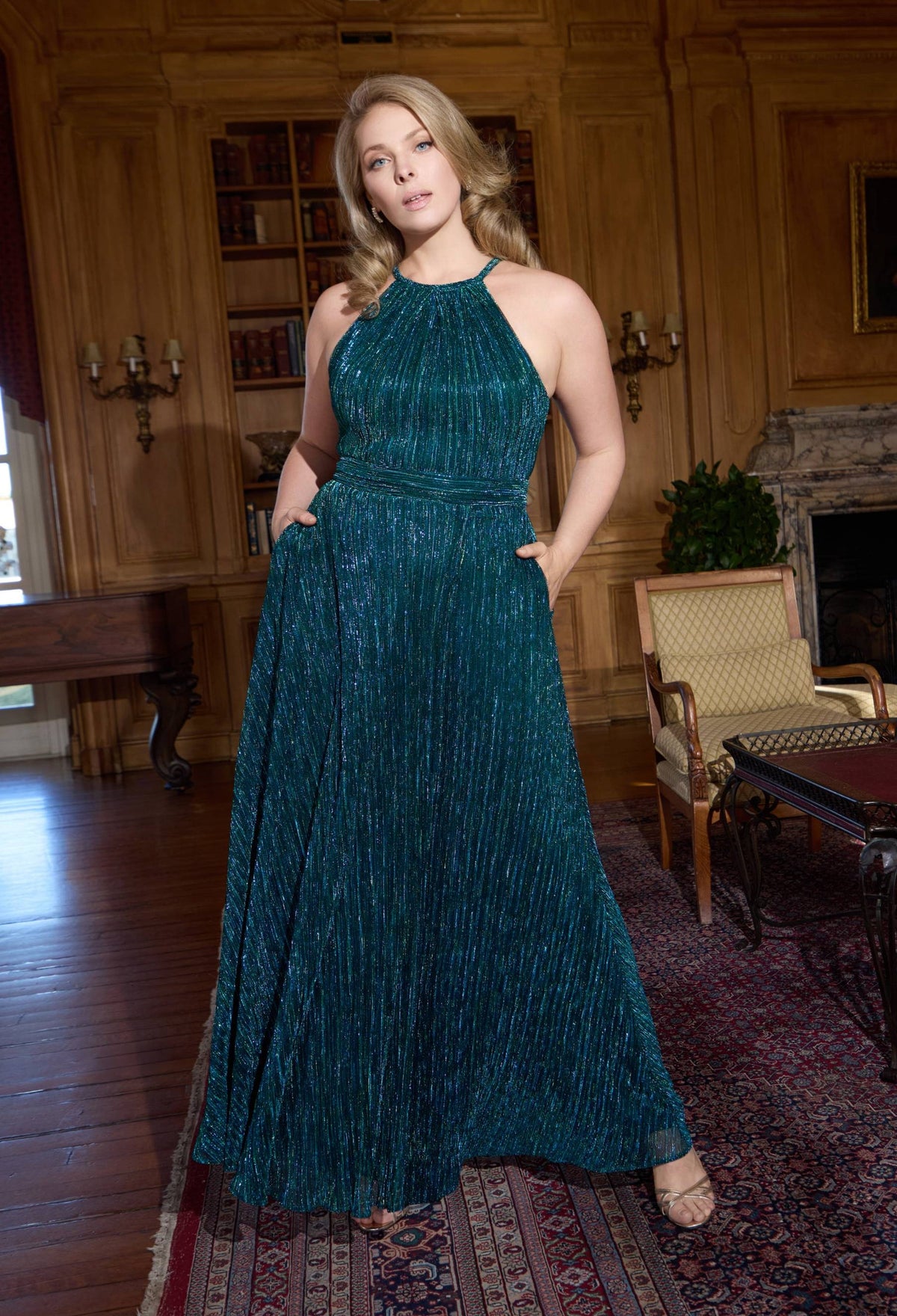Betsy & Adam Plus "Mila" Metallic Halter Dress - Jade