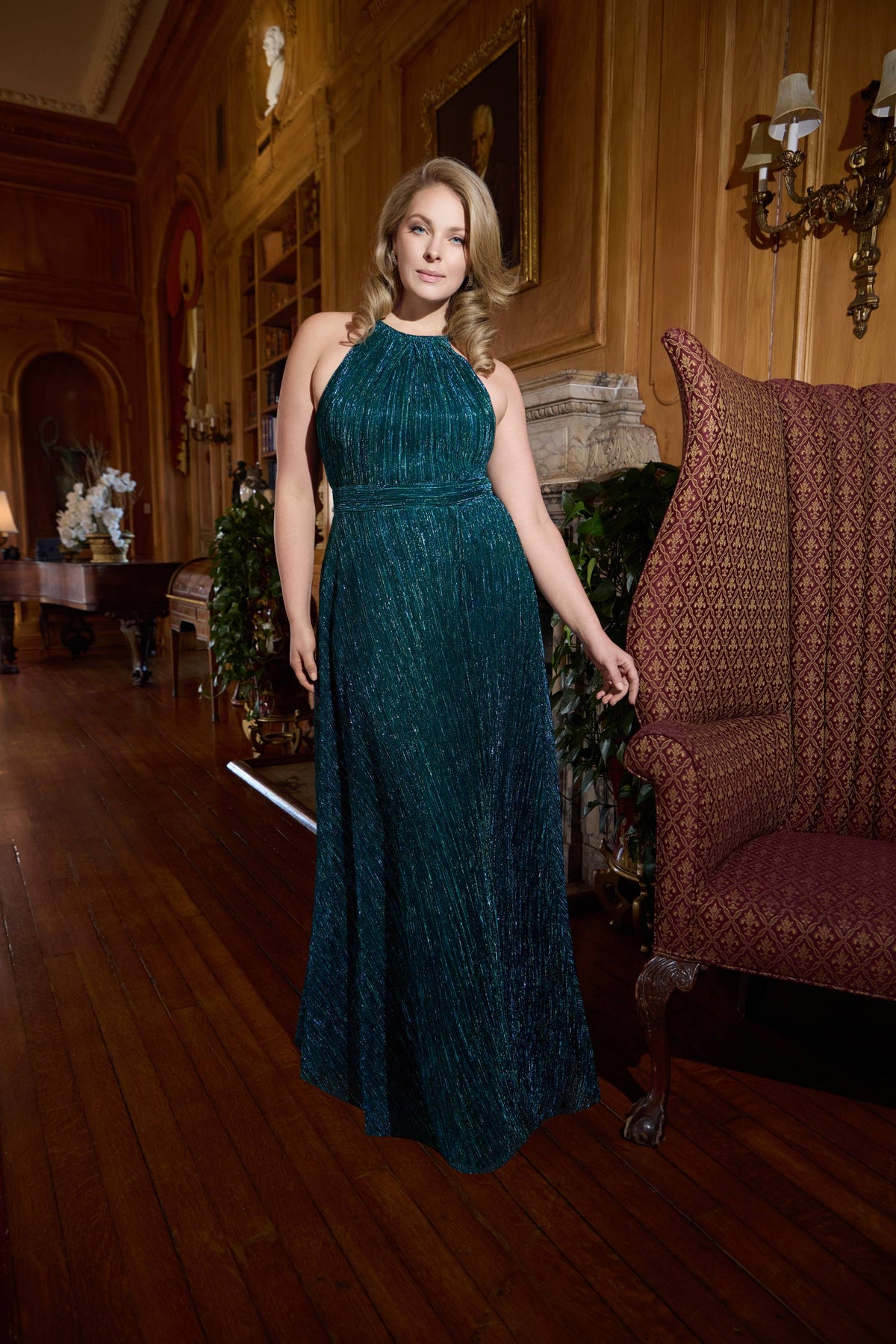 Betsy & Adam Plus "Mila" Metallic Halter Dress - Jade