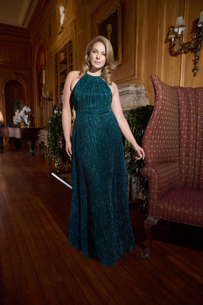 Betsy & Adam Plus "Mila" Metallic Halter Dress - Jade
