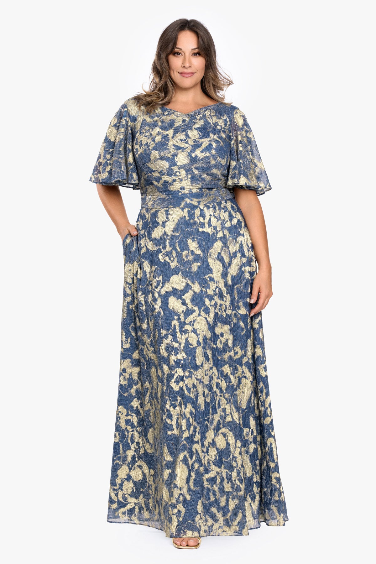 Betsy & Adam Plus "Juniper" Metallic Knit Short Sleeve Dress - Slate/Gold