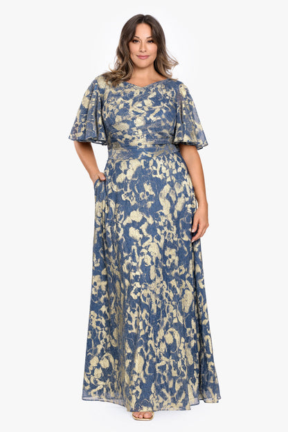 Betsy & Adam Plus "Juniper" Metallic Knit Short Sleeve Dress - Slate/Gold