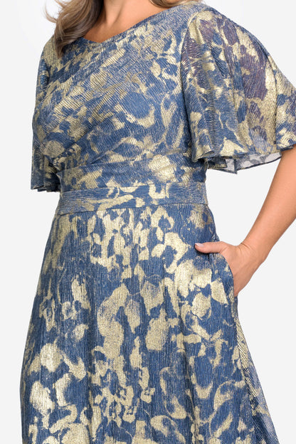Betsy & Adam Plus "Juniper" Metallic Knit Short Sleeve Dress - Slate/Gold