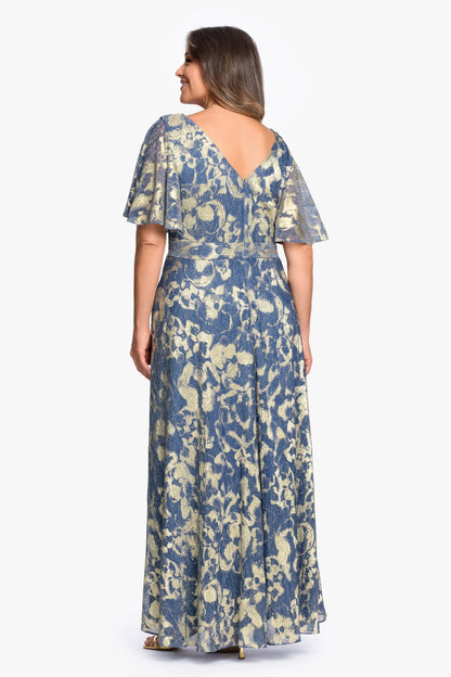 Betsy & Adam Plus "Juniper" Metallic Knit Short Sleeve Dress - Slate/Gold