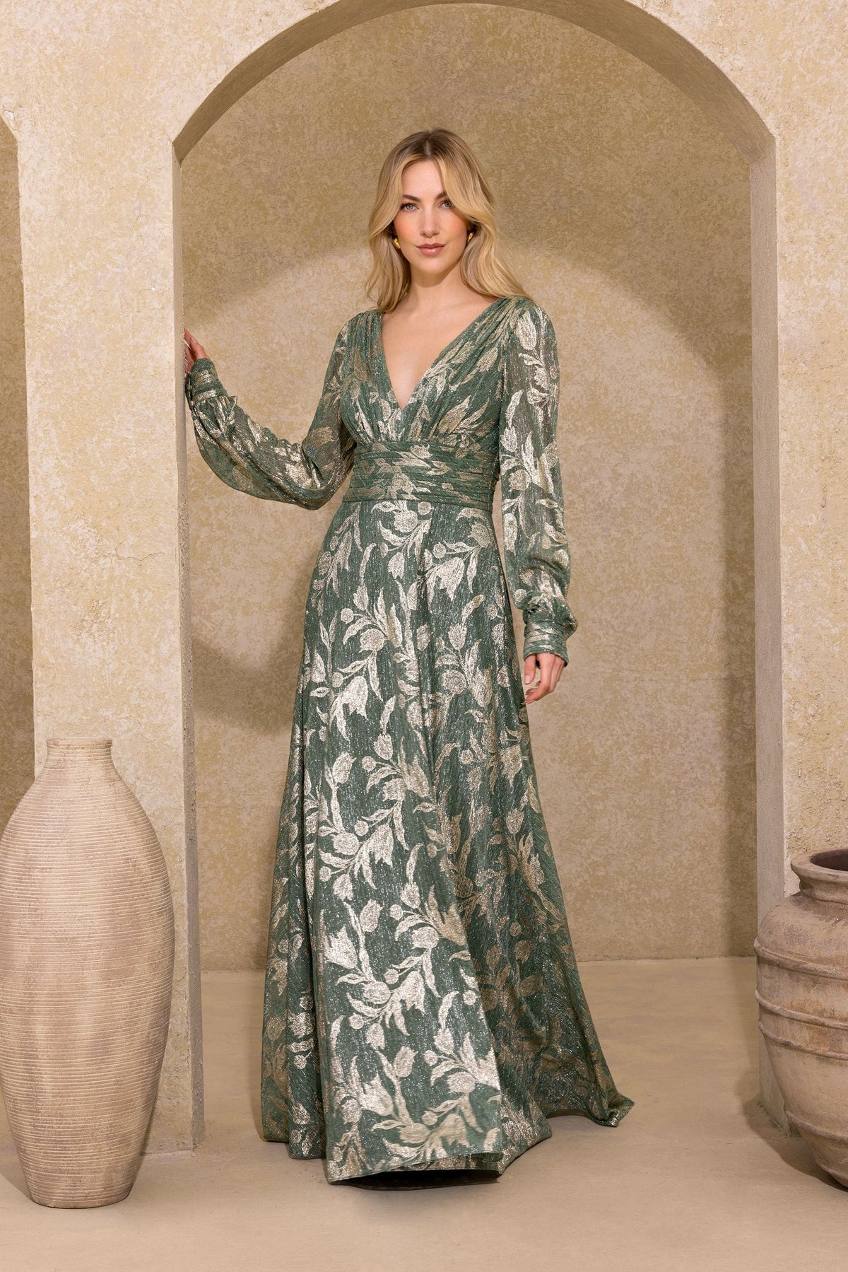 Betsy & Adam “Molly” Metallic Long Sleeve V-Neck Dress - Matcha/Gold