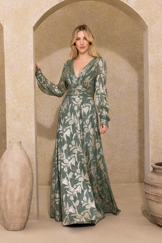 Betsy & Adam “Molly” Metallic Long Sleeve V-Neck Dress - Matcha/Gold