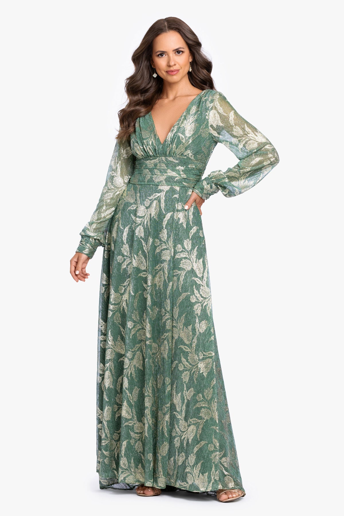 Betsy & Adam “Molly” Metallic Long Sleeve V-Neck Dress - Matcha/Gold
