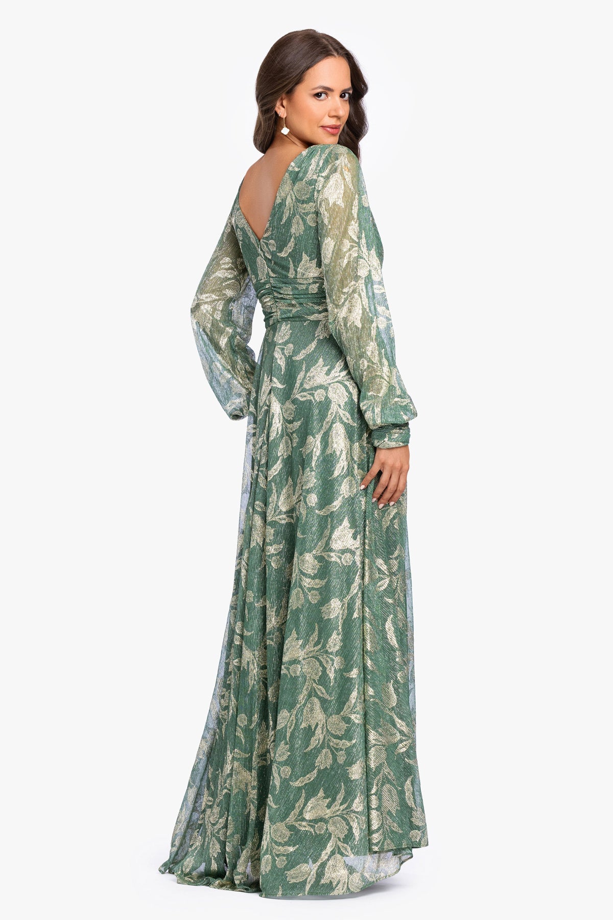 Betsy & Adam “Molly” Metallic Long Sleeve V-Neck Dress - Matcha/Gold