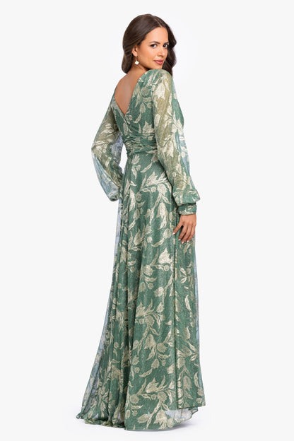 Betsy & Adam “Molly” Metallic Long Sleeve V-Neck Dress - Matcha/Gold